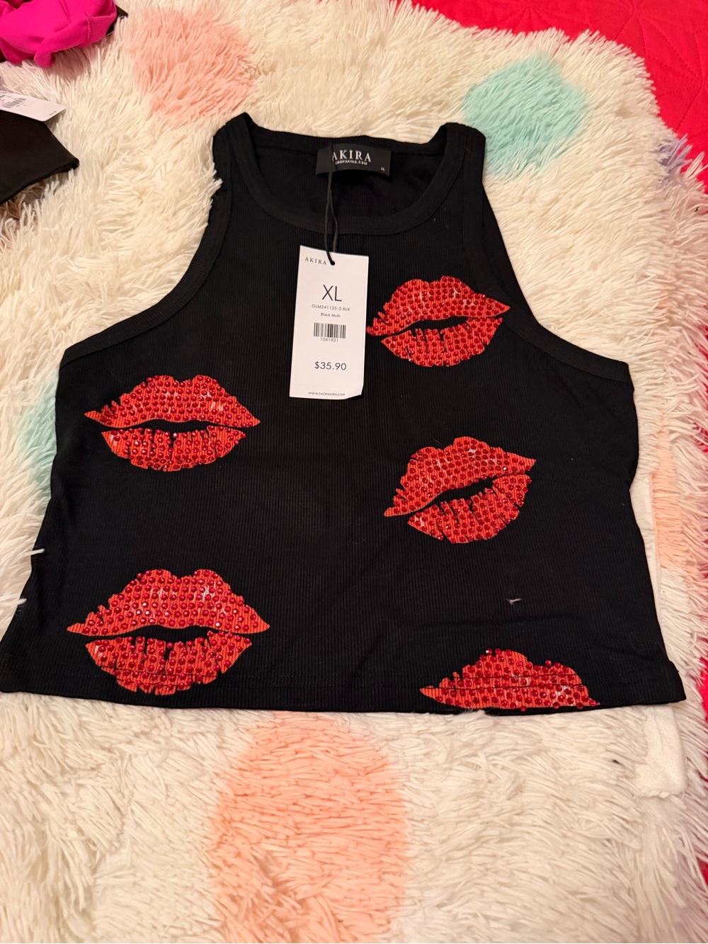 AKIRA Black Cropped Tank with Red Sequin Lip Appliqués